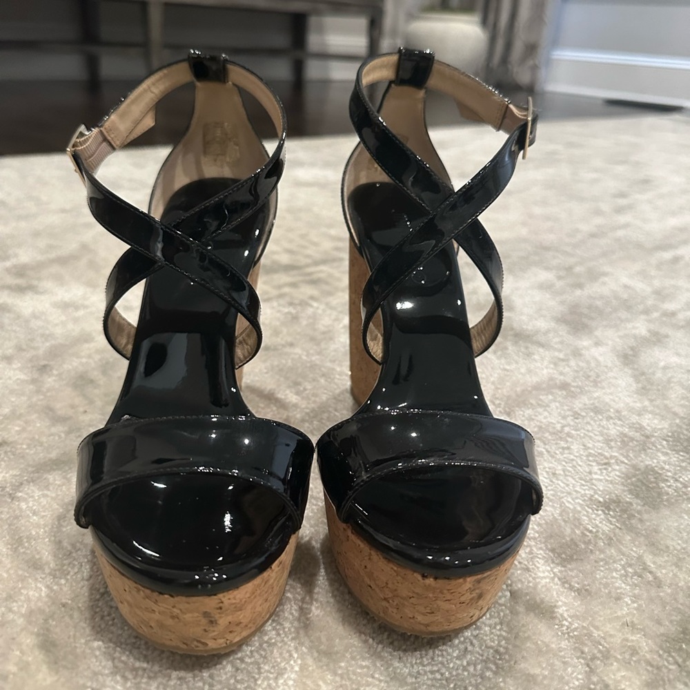 Jimmy Choo Portia Black Patent Wedge Sandal 120, 39.5